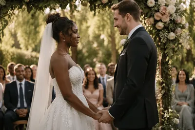 Interracial Couple Exchanging Vows in Garden
