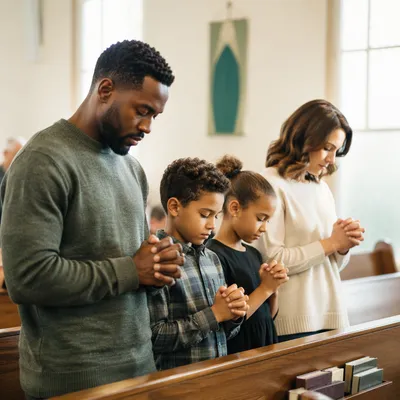 Interracial Family Praying in Bright Chapel