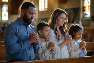 Interracial Family Praying in Modern Church