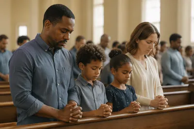 Interracial Family Praying in Church Pew