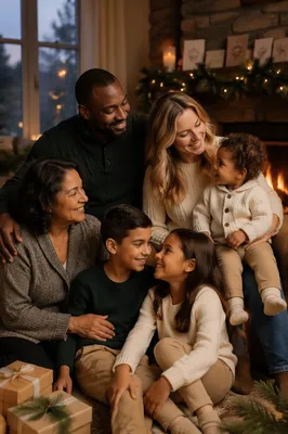 Multigenerational Family by Fireplace at Holiday Time