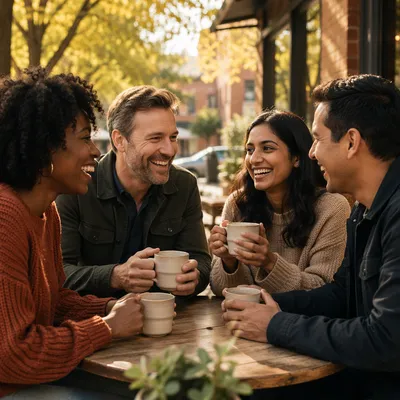 Friends Laughing Over Coffee at Cafe