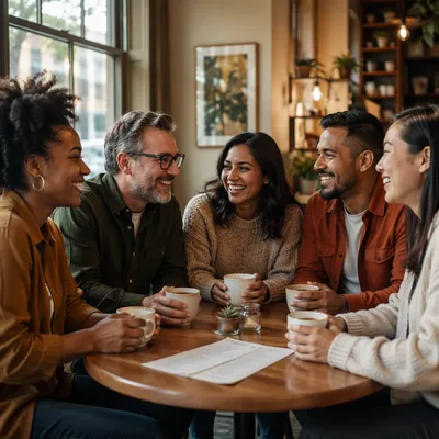 Diverse Friends Laughing Over Coffee Together