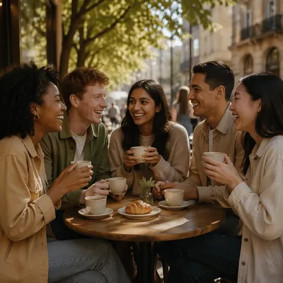 Diverse Friends Laughing at Outdoor Cafe