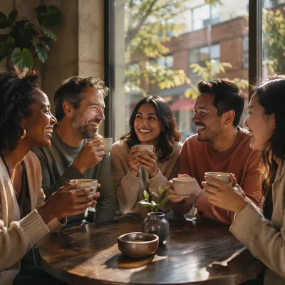 Five Friends Laughing Over Coffee Together