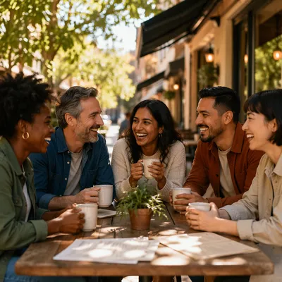 Five Friends Laughing at Cafe Patio