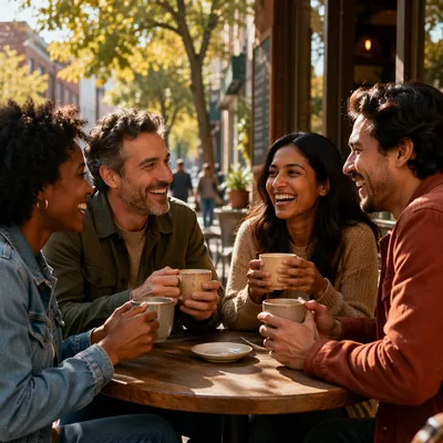 Friends Laughing Over Coffee at Cafe Patio