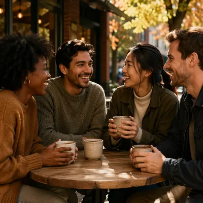Four Friends Laughing at Cafe Patio