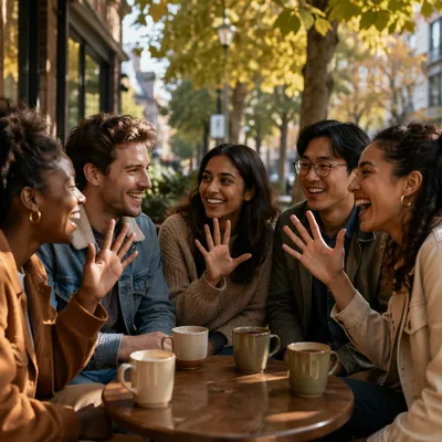 Friends Laughing at Outdoor Cafe Table