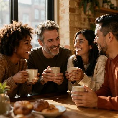 Four Friends Laughing Over Coffee Together