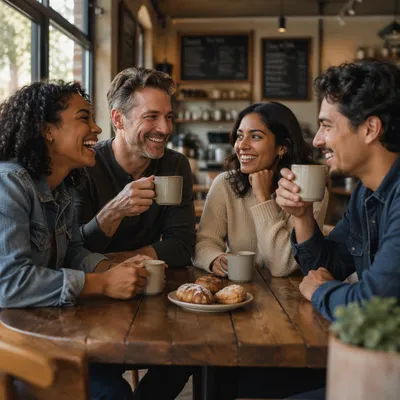Friends Laughing Over Coffee at Cafe