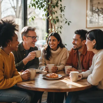 Diverse Friends Laughing Over Coffee Together