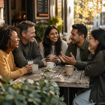 Five Friends Laughing Over Coffee Outdoors