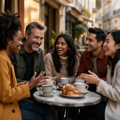 Five Friends Laughing at Outdoor Cafe