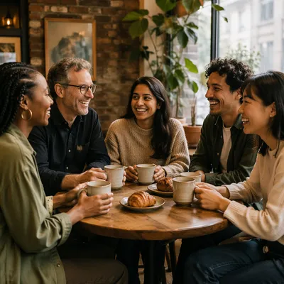Five Friends Laughing in Cozy Cafe