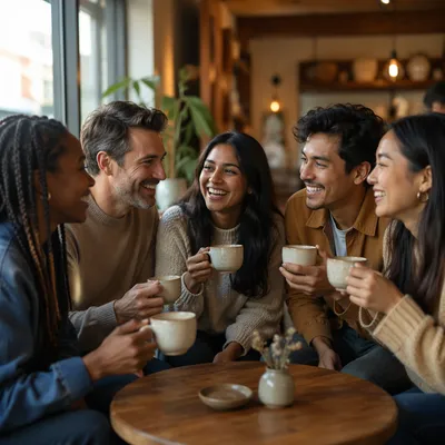 Five Friends Laughing Over Coffee Together