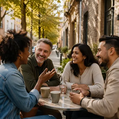 Friends Laughing at Outdoor Cafe Table