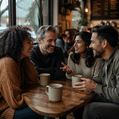 Four Friends Laughing Over Coffee