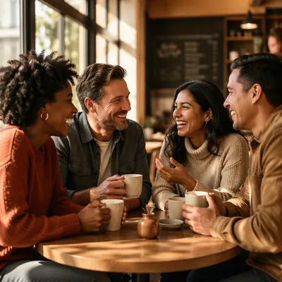 Four Friends Laughing Over Coffee