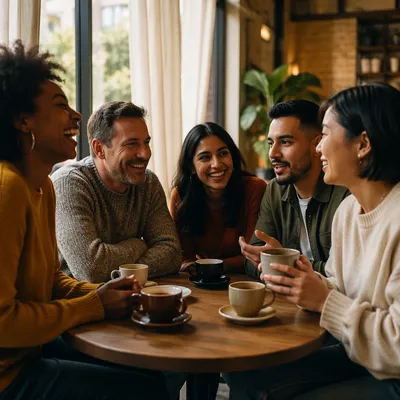 Five Friends Laughing Over Coffee Together