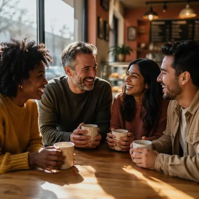 Four Friends Laughing Over Coffee Together