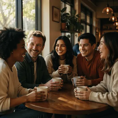 Five Friends Laughing Over Coffee