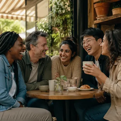 Diverse Friends Laughing Over Coffee Outdoors