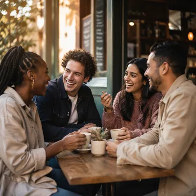 Friends Laughing Over Coffee at Cafe Patio