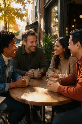 Four Friends Laughing at Cafe Patio