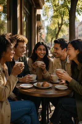 Diverse Friends Laughing at Outdoor Cafe