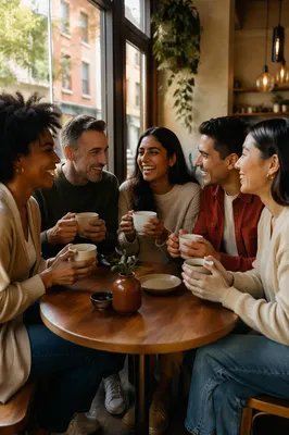 Friends Laughing Over Coffee at Cafe