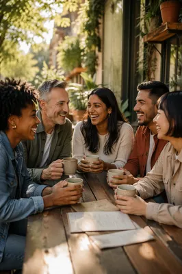 Five Friends Laughing at Cafe Patio