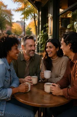 Four Friends Laughing at Cafe Patio