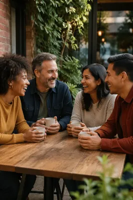 Friends Laughing Over Coffee at Cafe
