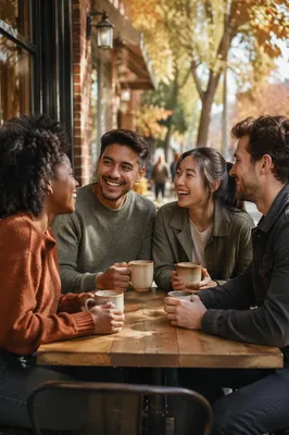 Four Friends Laughing at Cafe Patio