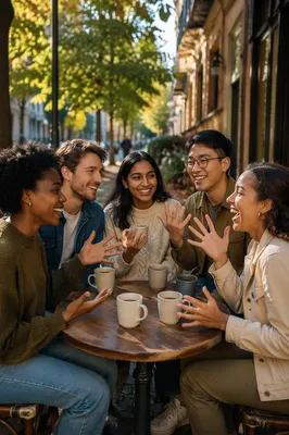 Friends Laughing Over Coffee at Cafe