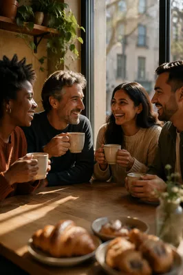 Four Friends Laughing Over Coffee