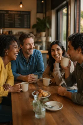 Friends Laughing Over Coffee at Cafe