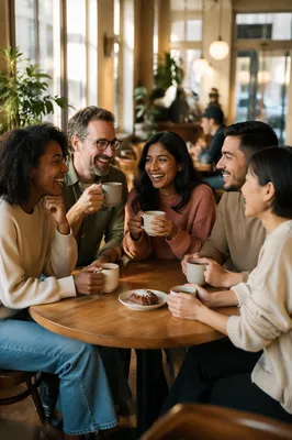Diverse Friends Laughing Over Coffee Together