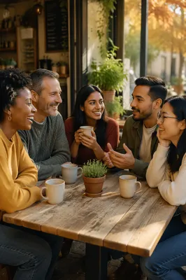 Friends Laughing Over Coffee at Cafe Patio