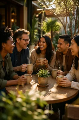 Five Friends Laughing at Cafe Patio