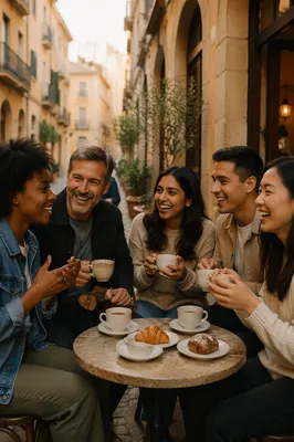 Five Friends Laughing at Outdoor Cafe
