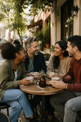 Friends Laughing Over Coffee at Cafe
