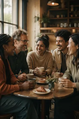 Diverse Friends Laughing in Cozy Cafe