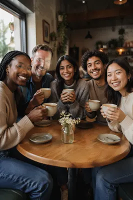 Diverse Friends Laughing Over Coffee Together