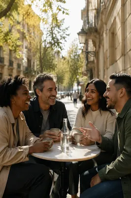 Friends Laughing at Outdoor Cafe Table