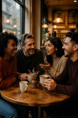 Friends Laughing Over Coffee in Cafe