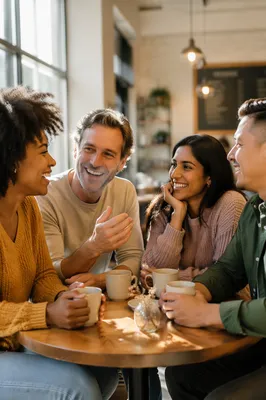 Four Friends Laughing Over Coffee Together