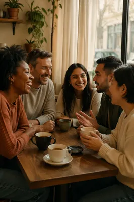 Five Friends Laughing Over Coffee Together