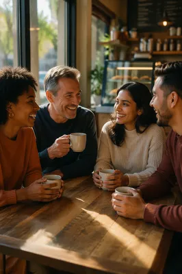 Four Friends Laughing Over Coffee Together
